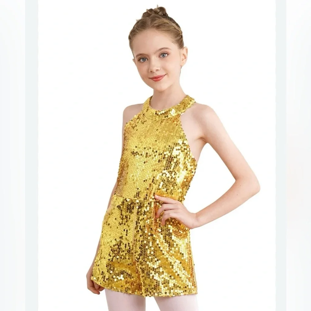 NWT Chictry Halter Neck Sequined Romper Gold Size 8. Open back/zipper. Lined